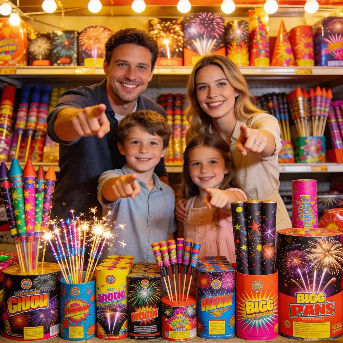 Family shopping for fireworks at a brightly lit DFW fireworks stand in Crowley, TX